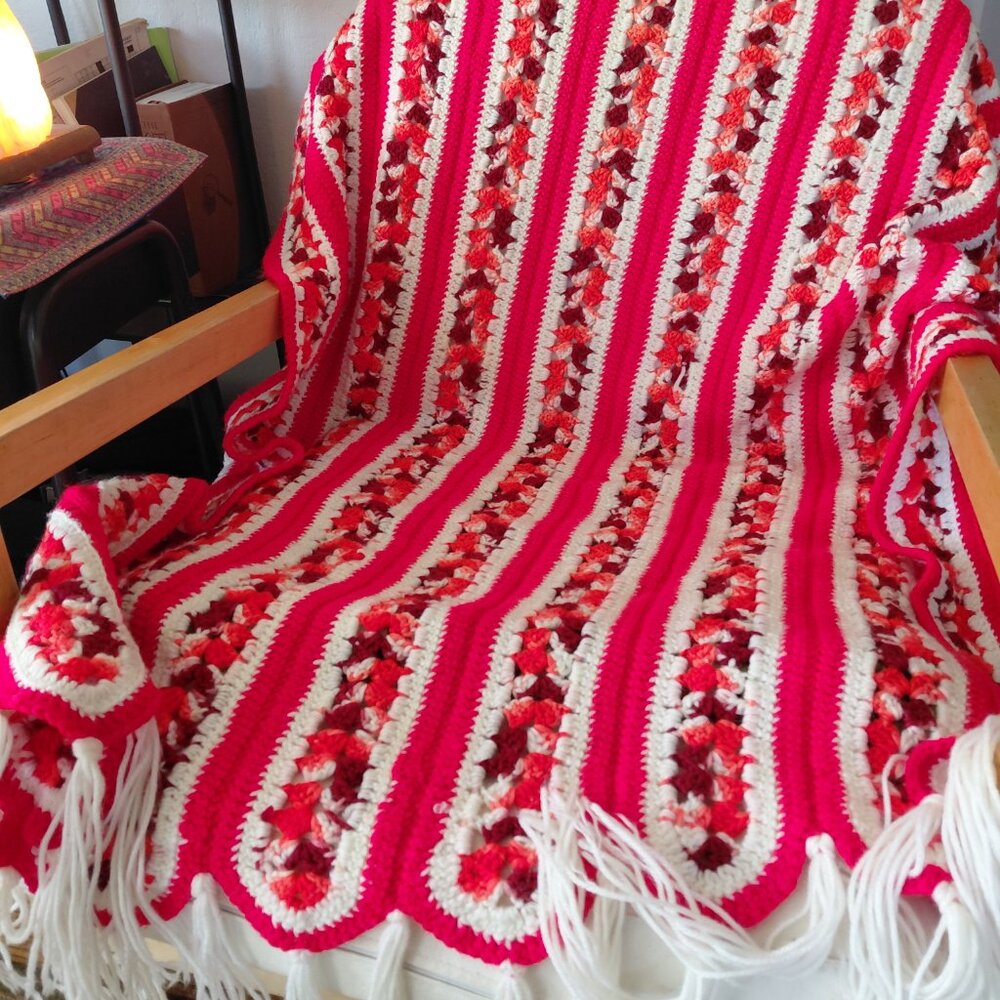 Vintage Hand Dyed Red and White Crochet Blanket